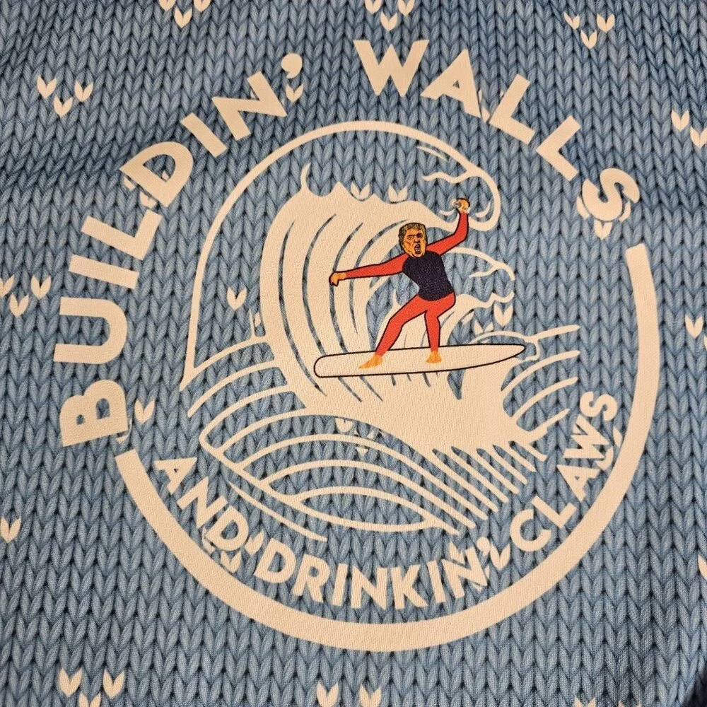 Greater Half Donald Trump Ugly Christmas‎ Sweater White Claw Surfer Blue Sz M
